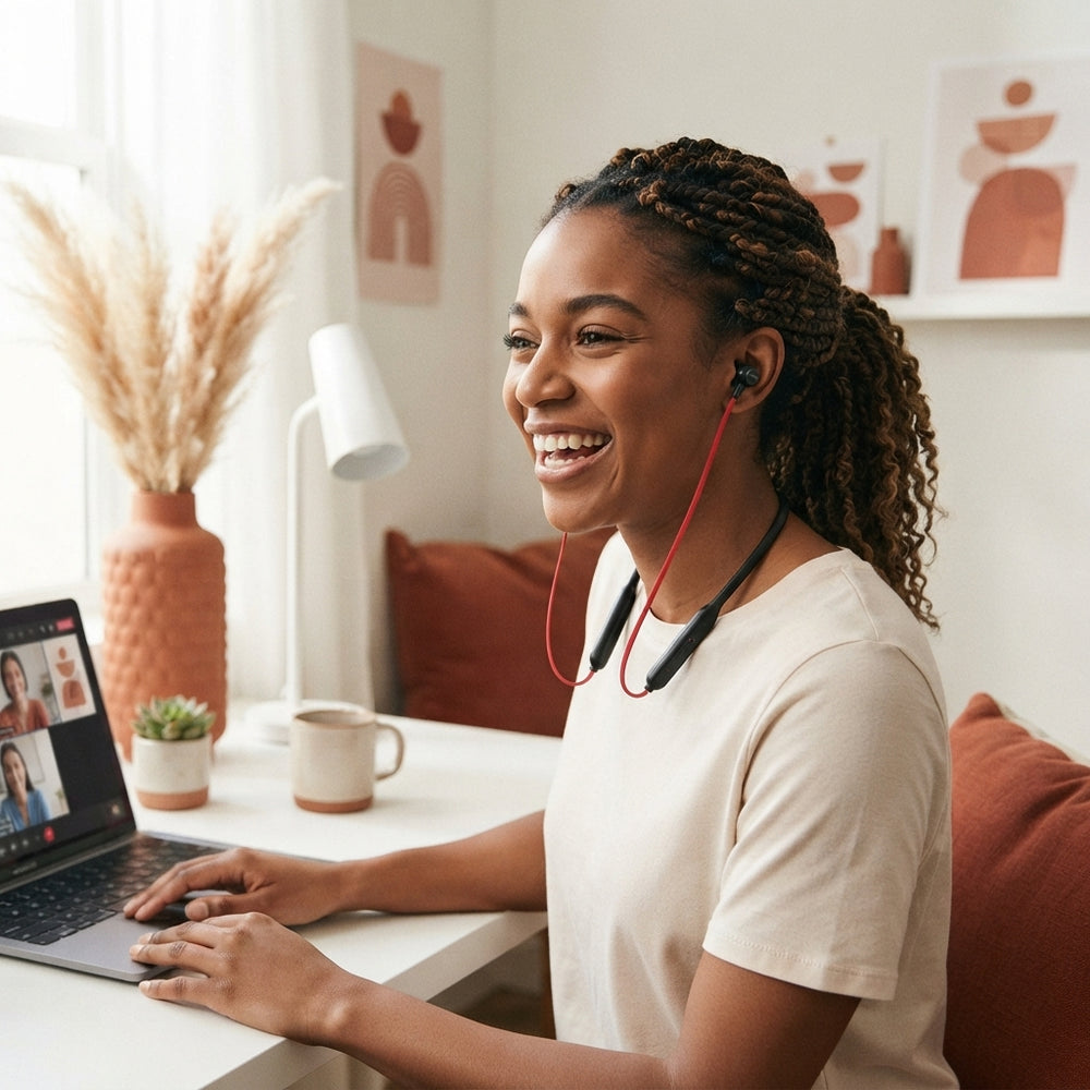 A person wearing a Bluetooth wireless neckband in a modern home office with terracotta and burnt sienna decor.